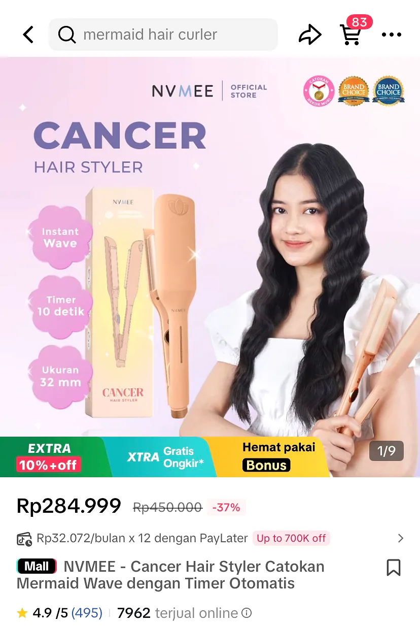 Salsabilla menjadi talent katalog Cancer Hair Styler bersama produk, kemasan, dan fitur utamanya.